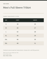 Men's Full Sleeve T-Shirt — size guide in inches from official Qikink garment chart
