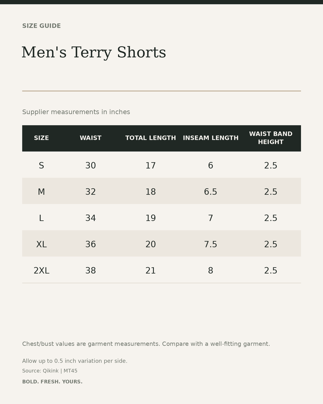 Men's Terry Shorts – Relaxed Fit — size guide in inches from official Qikink garment chart