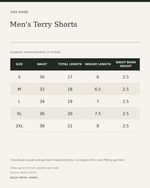 Men's Terry Shorts – Relaxed Fit — size guide in inches from official Qikink garment chart