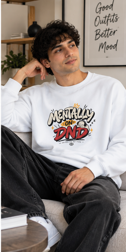Mentally On DND white graphic sweatshirt lifestyle front view