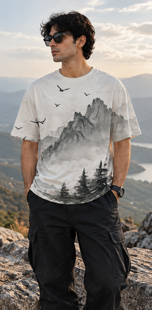 Misty Mountain Ink Painting Oversized Tee | Sumi-e Landscape Unisex T-Shirt