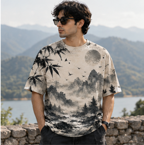 Moonlit River Sumi-e all-over print oversized tee lifestyle
