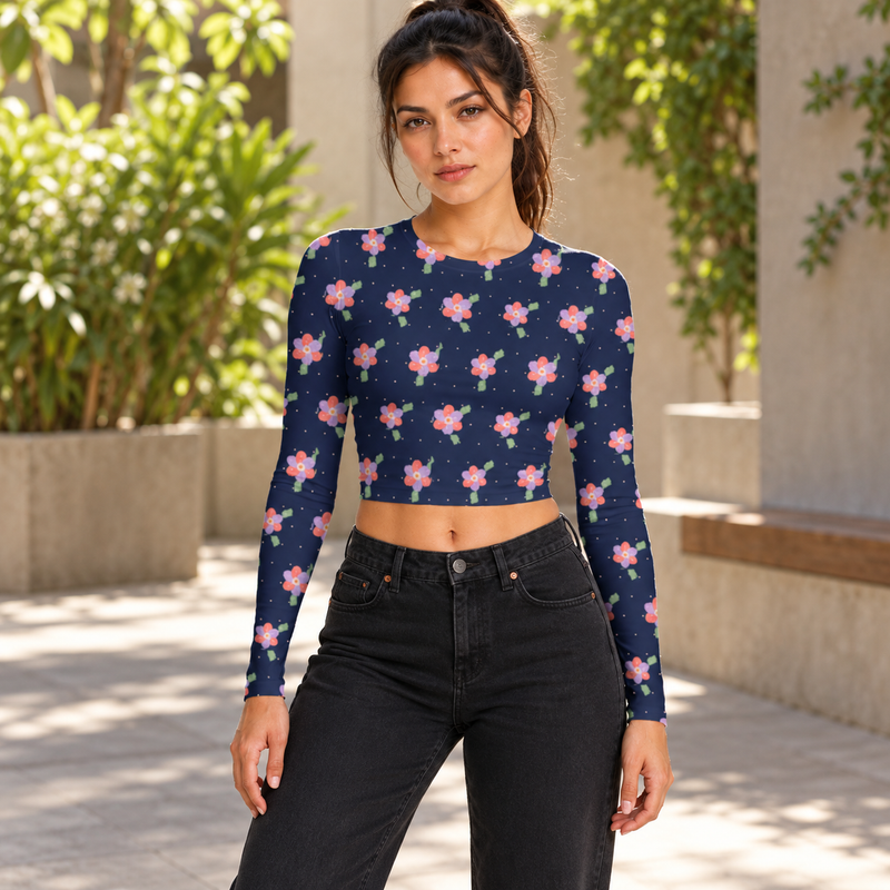 Navy Floral Full Sleeve Crop Top — lifestyle hero