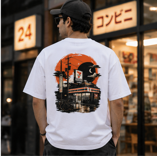 Neon Konbini Night Oversized Tee | Japanese Convenience Store Back Print T-Shirt