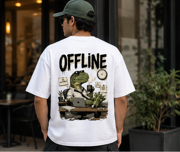 Offline T-Rex Office Graphic Oversized Tee | Funny Dinosaur Back Print T-Shirt
