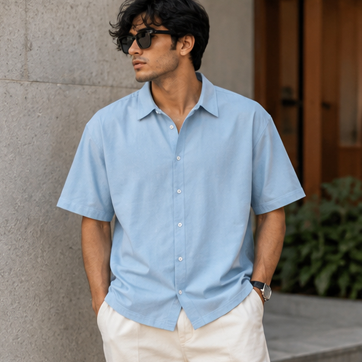 Baby blue oversized cotton shirt lifestyle