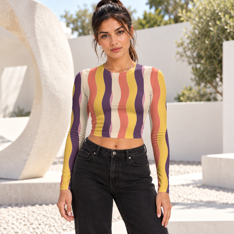 Pastel Wave Stripe Full Sleeve Crop Top | Women's AOP Top