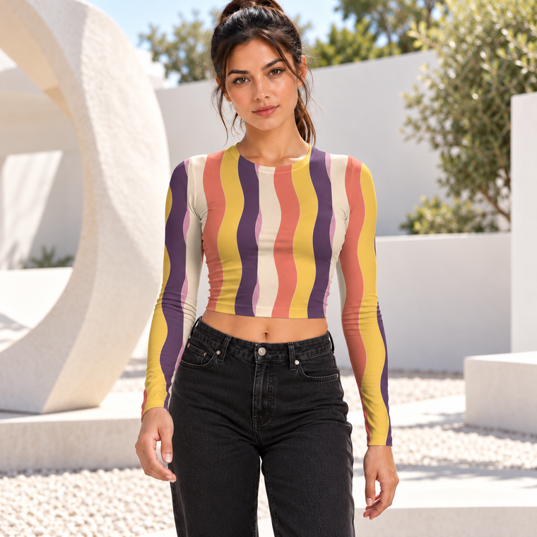 Pastel Wave Stripe Full Sleeve Crop Top | Women's AOP Top alternate view