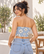 Pastel Blue Tube Top | White Flower Petal Print | Women's Strapless Crop | Dreamy Summer Top — back lifestyle photo