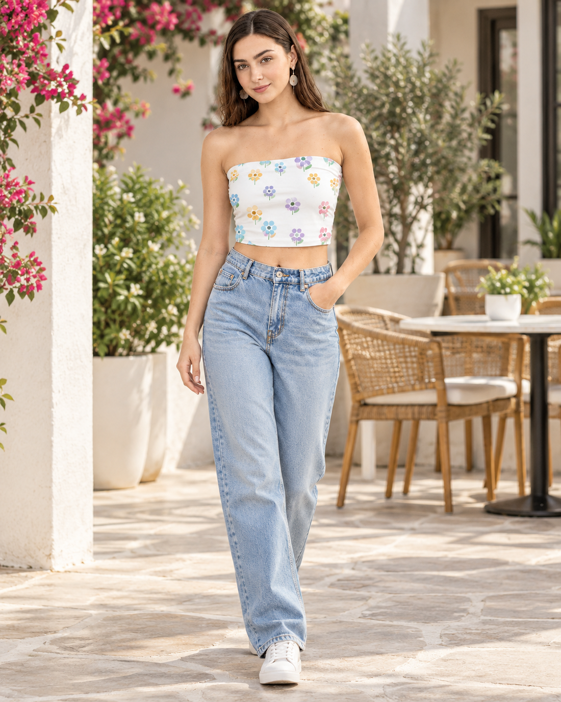 Floral Tube Top — walk lifestyle photo