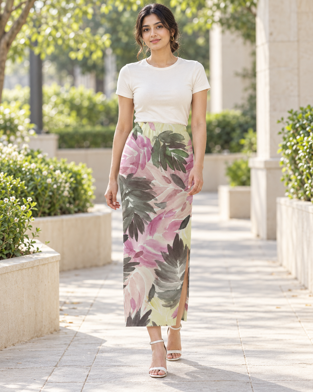 Painted Petal Pencil Skirt — walking lifestyle