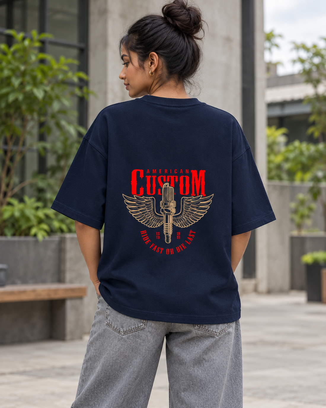 Plugged Freedom – Oversized Terry Tee — female back lifestyle