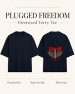 Plugged Freedom – Oversized Terry Tee — oversized fit back artwork and plain front guide