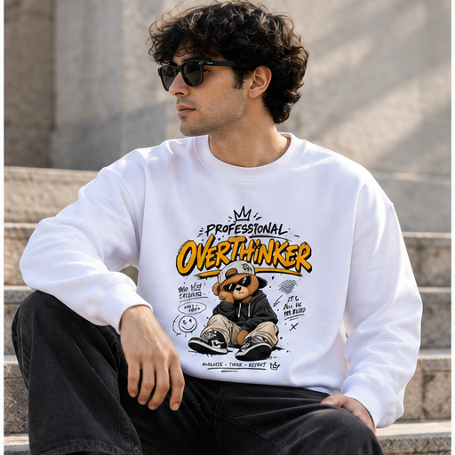 Professional Overthinker white sweatshirt lifestyle front bear graphic