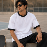 White and black unisex ringer T-shirt lifestyle