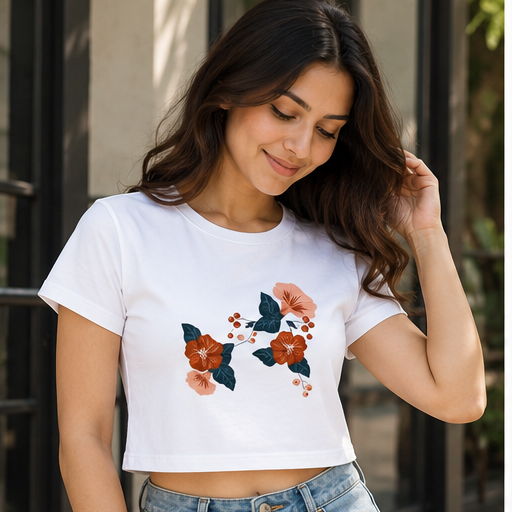 Rust Floral Baby Tee white cropped lifestyle front floral print