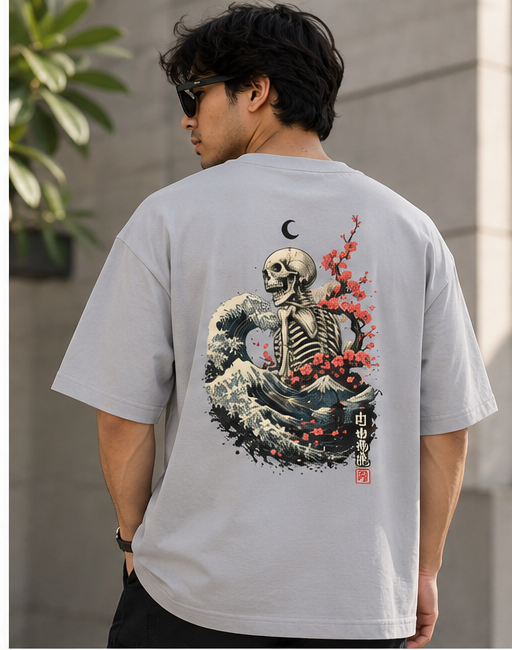 Skeleton Great Wave Oversized Tee | Japanese Skull & Cherry Blossom Back Print T-Shirt
