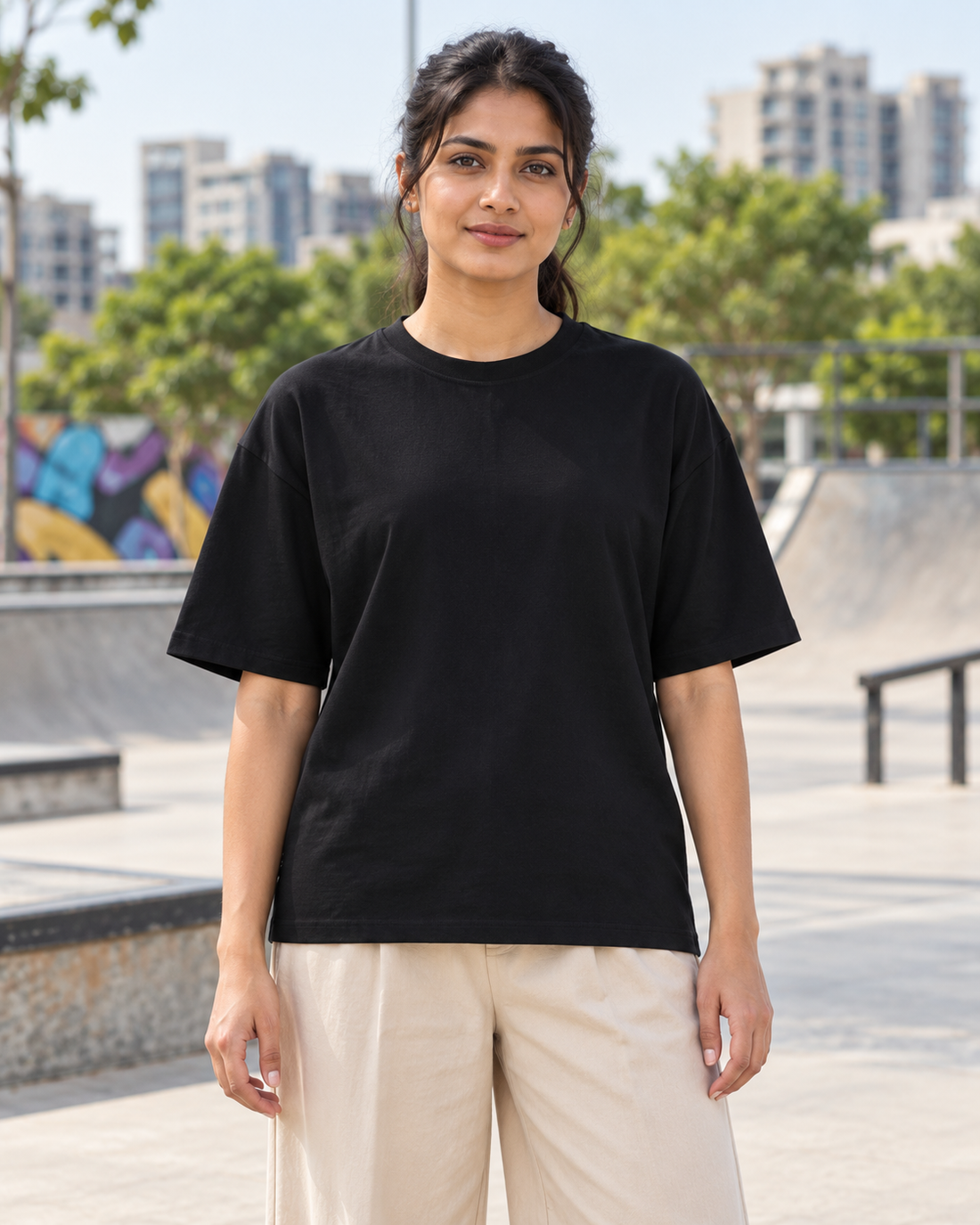 Slay Size Unisex Oversized Tee — plain front female lifestyle