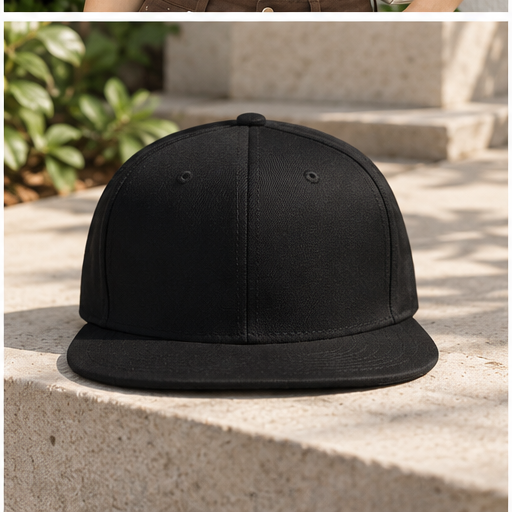 Black 6-panel flat visor snapback cap lifestyle