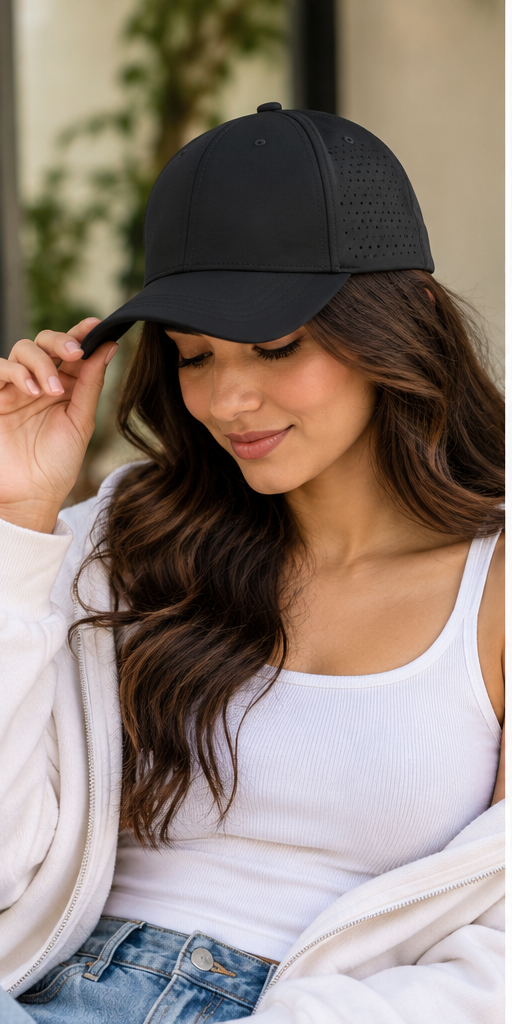 Black perforated 6-panel sports cap lifestyle