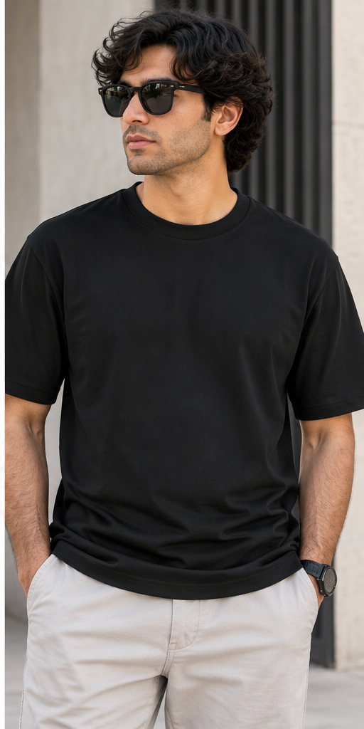 Standard black unisex crew neck cotton T-shirt lifestyle