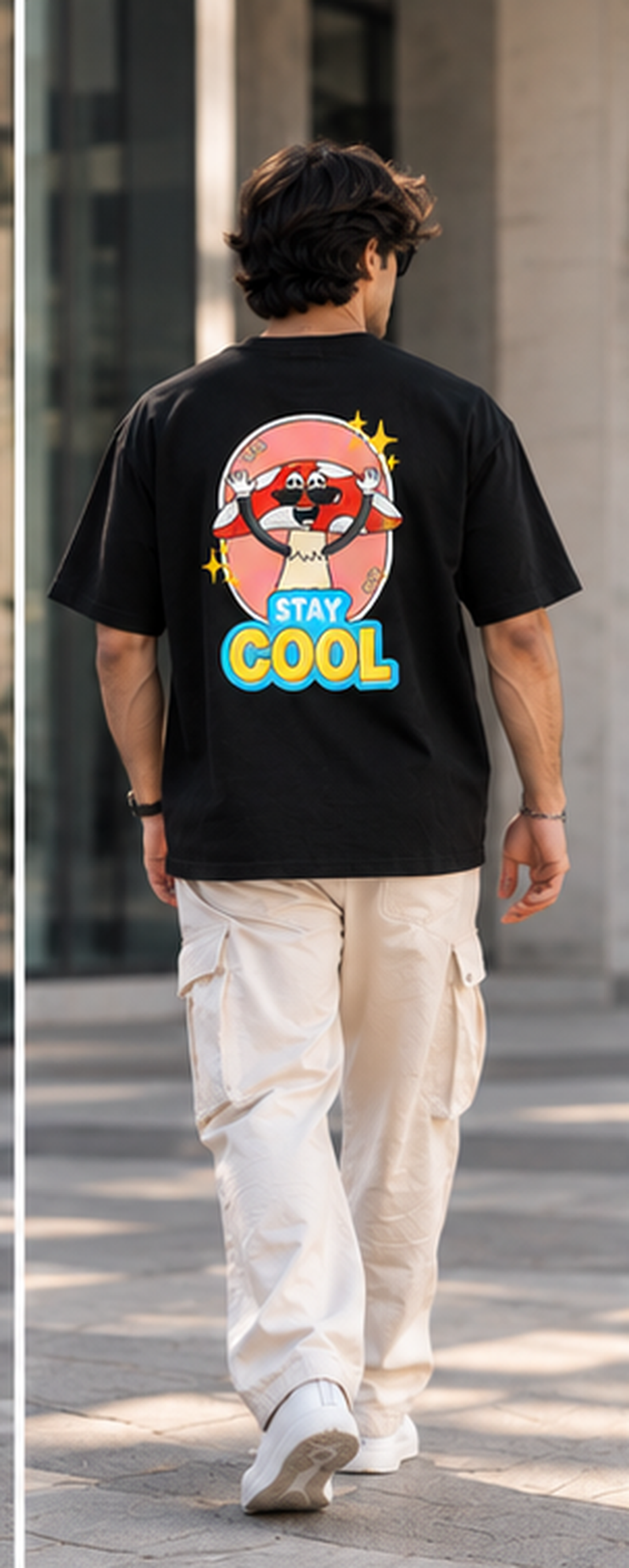 Stay Cool Trip black T-shirt lifestyle back with large centered print