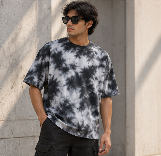 Black and white tie-dye oversized unisex T-shirt lifestyle