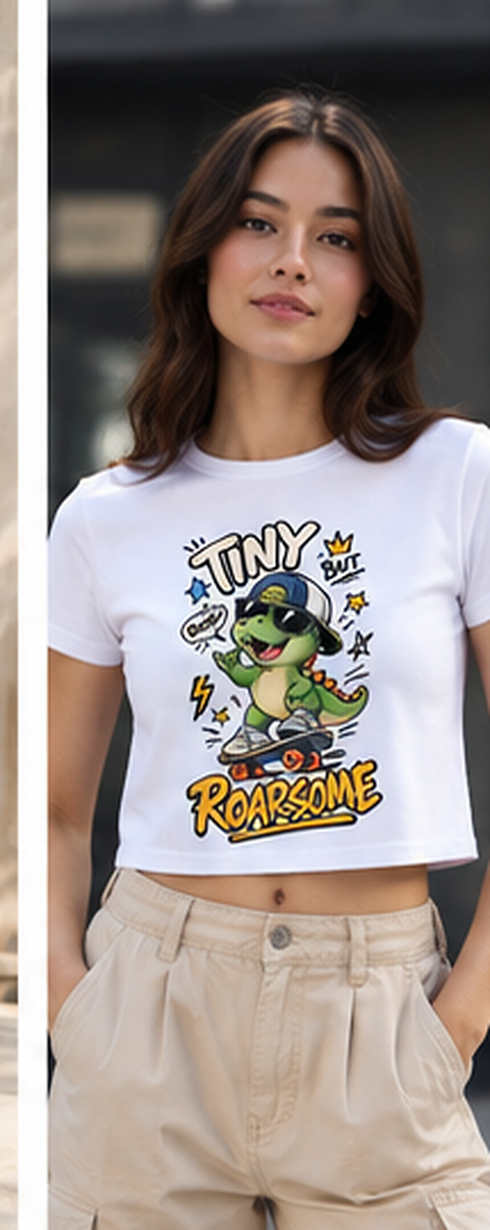 Tiny But Roarsome Baby Tee — Skater Dinosaur Crop Top