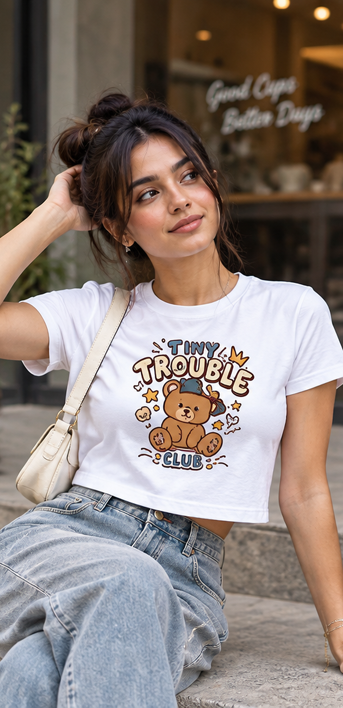 Tiny Trouble Club white baby tee lifestyle front view