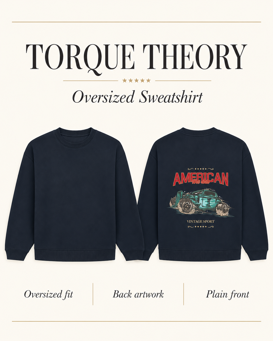 Torque Theory – Unisex Oversized Sweatshirt — oversized fit back artwork and plain front guide