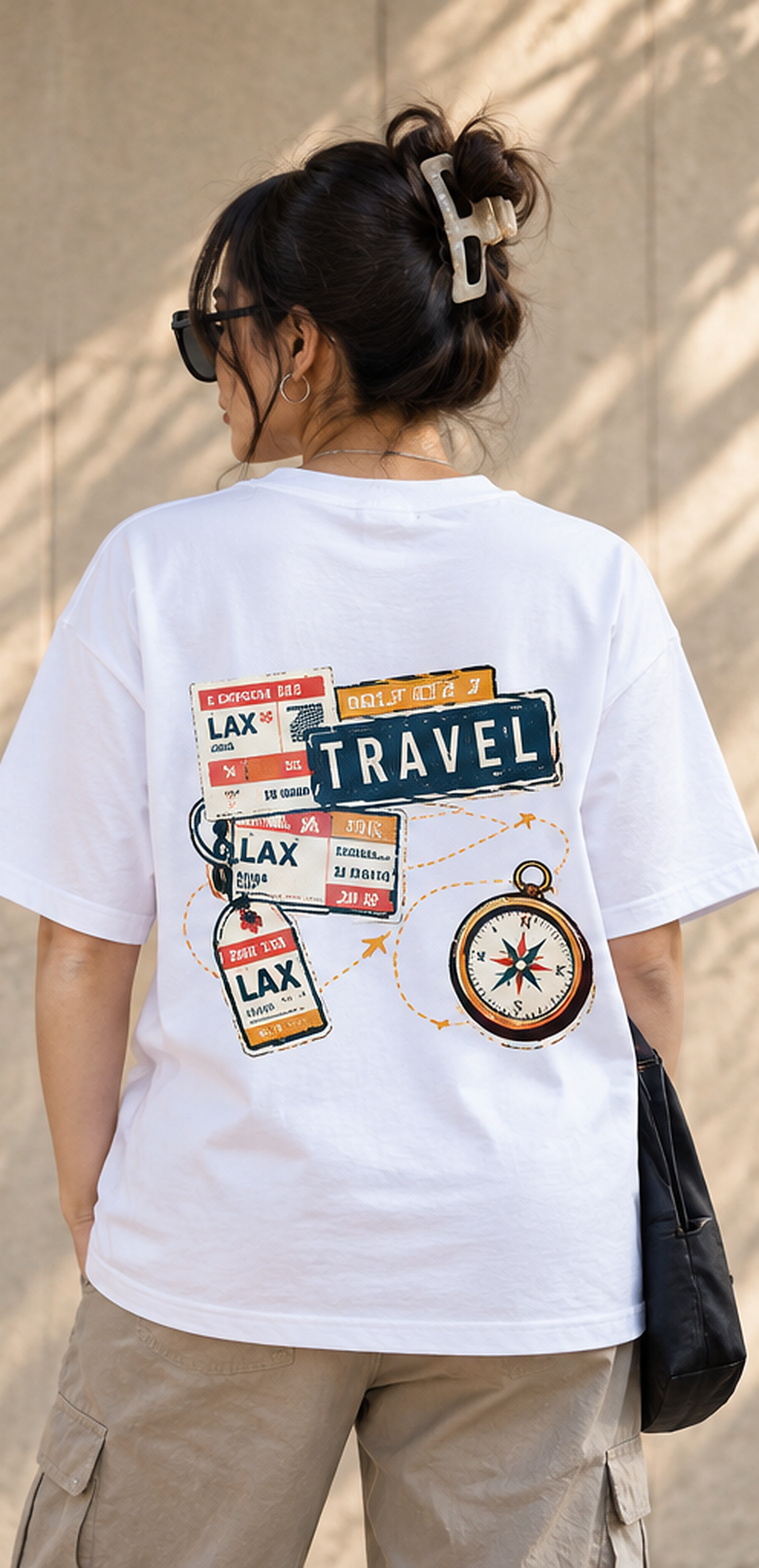 Travel Stamp white oversized T-shirt lifestyle back view