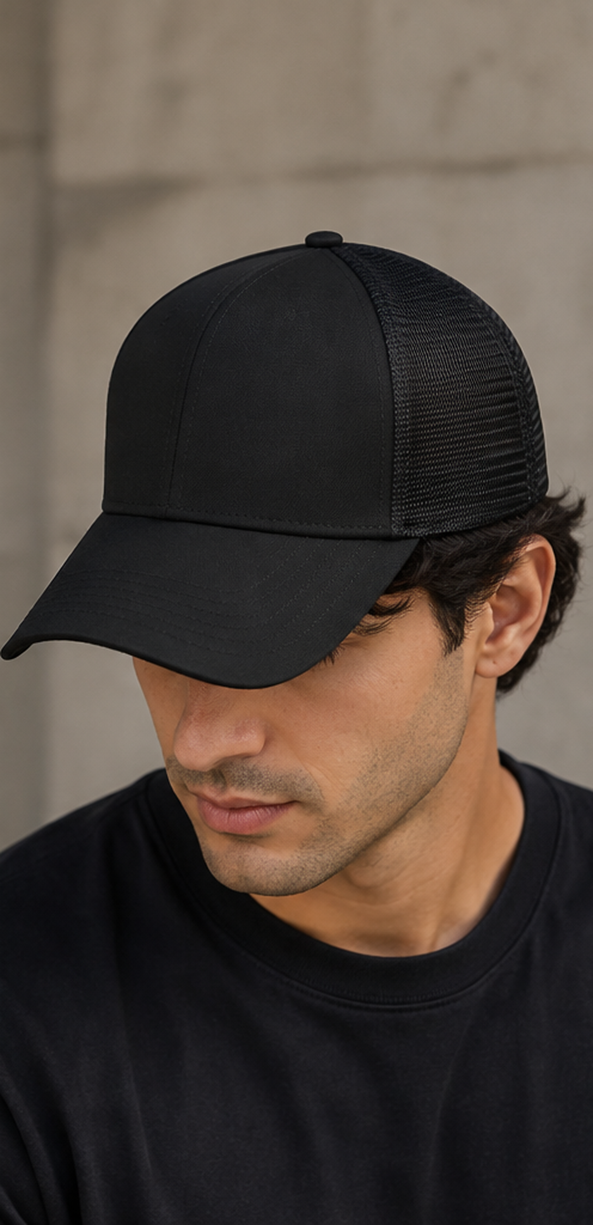 Black trucker cap lifestyle close-up