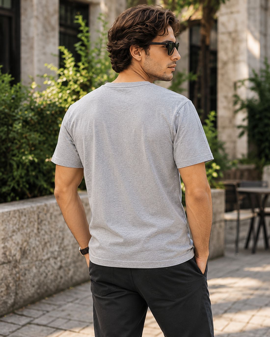 Classic Unisex V-Neck T-Shirt – Ultra-Soft Everyday Casual Tee — back lifestyle photo