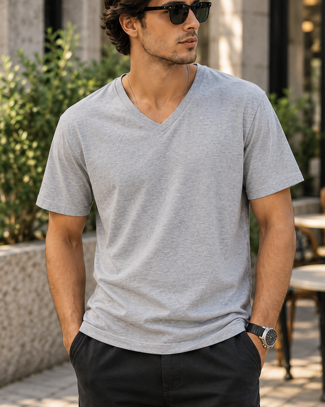 Classic Unisex V-Neck T-Shirt – Ultra-Soft Everyday Casual Tee — garment close-up