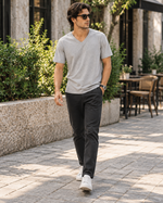 Classic Unisex V-Neck T-Shirt – Ultra-Soft Everyday Casual Tee — walk lifestyle photo