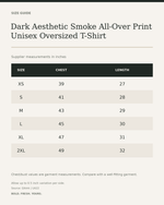 Dark Aesthetic Smoke All-Over Print Unisex Oversized T-Shirt – 240 GSM Heavyweight Streetwear — size guide in inches from official Qikink garment chart