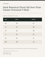 Dark Botanical Floral All-Over Print Unisex Oversized T-Shirt – 240 GSM Heavyweight Streetwear — size guide in inches from official Qikink garment chart