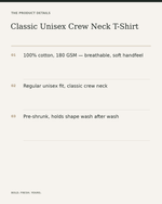 Classic Unisex Crew Neck T-Shirt – 100% Cotton 180 GSM Regular Fit Tee — product details, fabric, fit and care