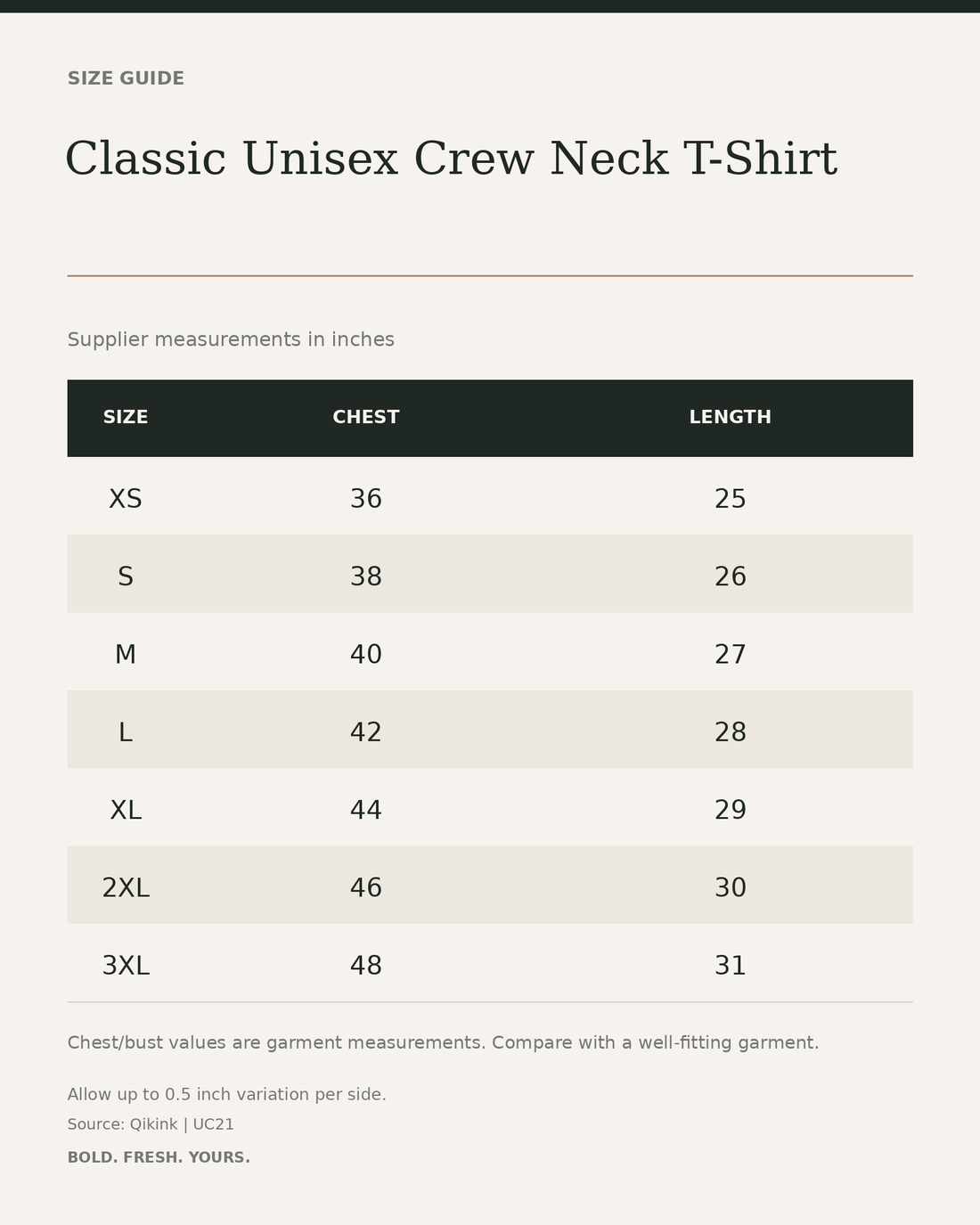 Classic Unisex Crew Neck T-Shirt – Bold Colours — size guide in inches from official Qikink garment chart