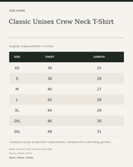 Classic Unisex Crew Neck T-Shirt – Bold Colours — size guide in inches from official Qikink garment chart