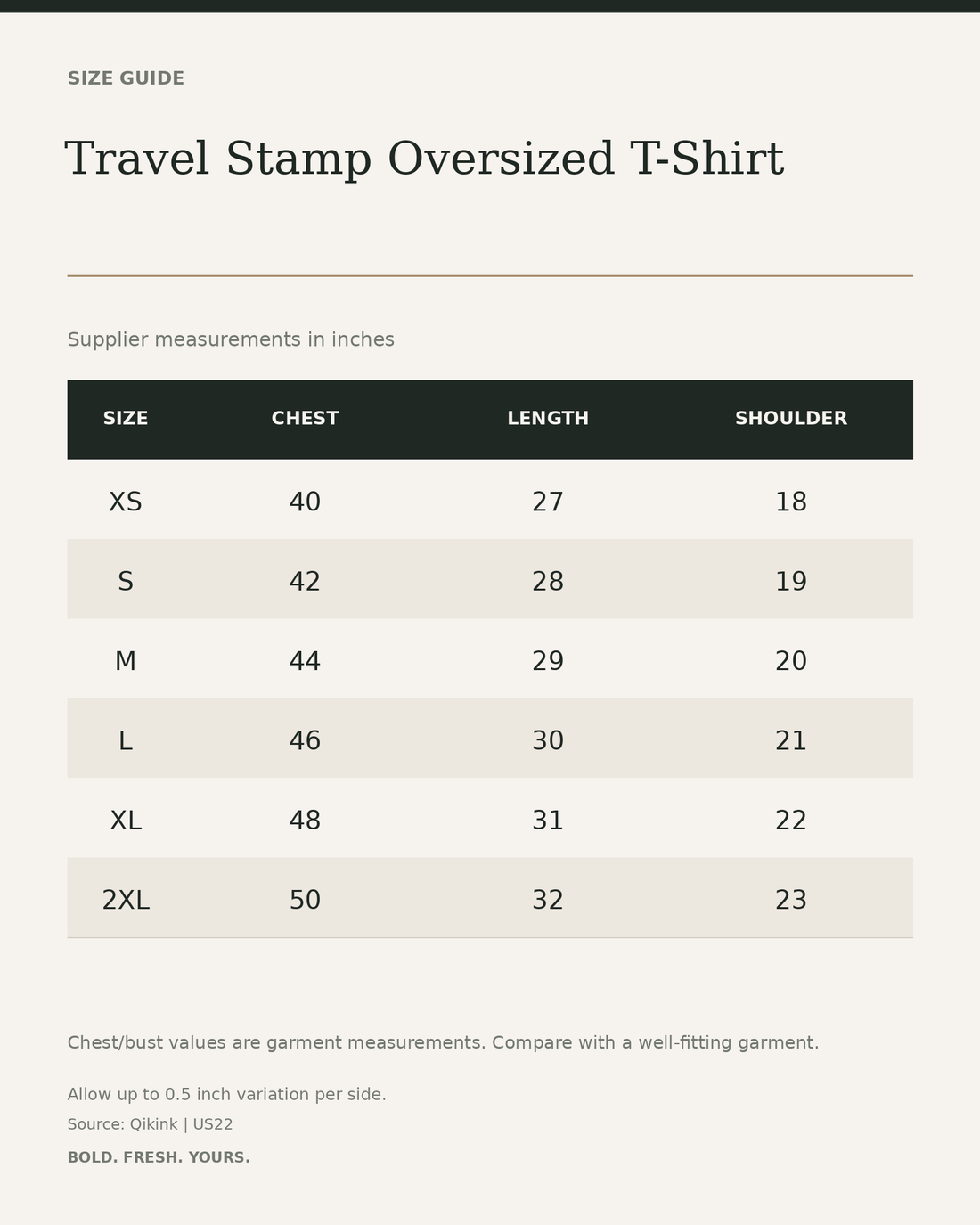 Travel Stamp Oversized T-Shirt — size guide in inches from official Qikink garment chart