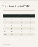 Travel Stamp Oversized T-Shirt — size guide in inches from official Qikink garment chart