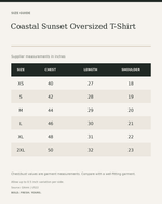 Coastal Sunset Oversized T-Shirt – Beach Lighthouse Back Print — size guide in inches from official Qikink garment chart