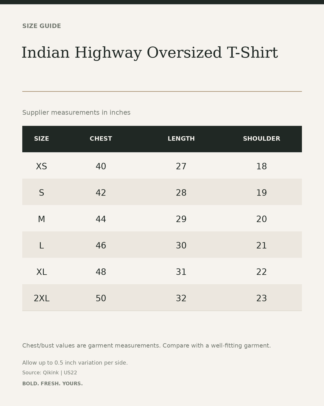 Indian Highway Oversized T-Shirt – Retro Road Trip Graphic Back Print — size guide in inches from official Qikink garment chart