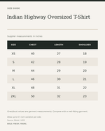 Indian Highway Oversized T-Shirt – Retro Road Trip Graphic Back Print — size guide in inches from official Qikink garment chart