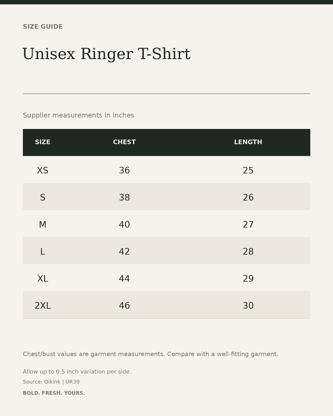 Unisex Ringer T-Shirt — size guide in inches from official Qikink garment chart