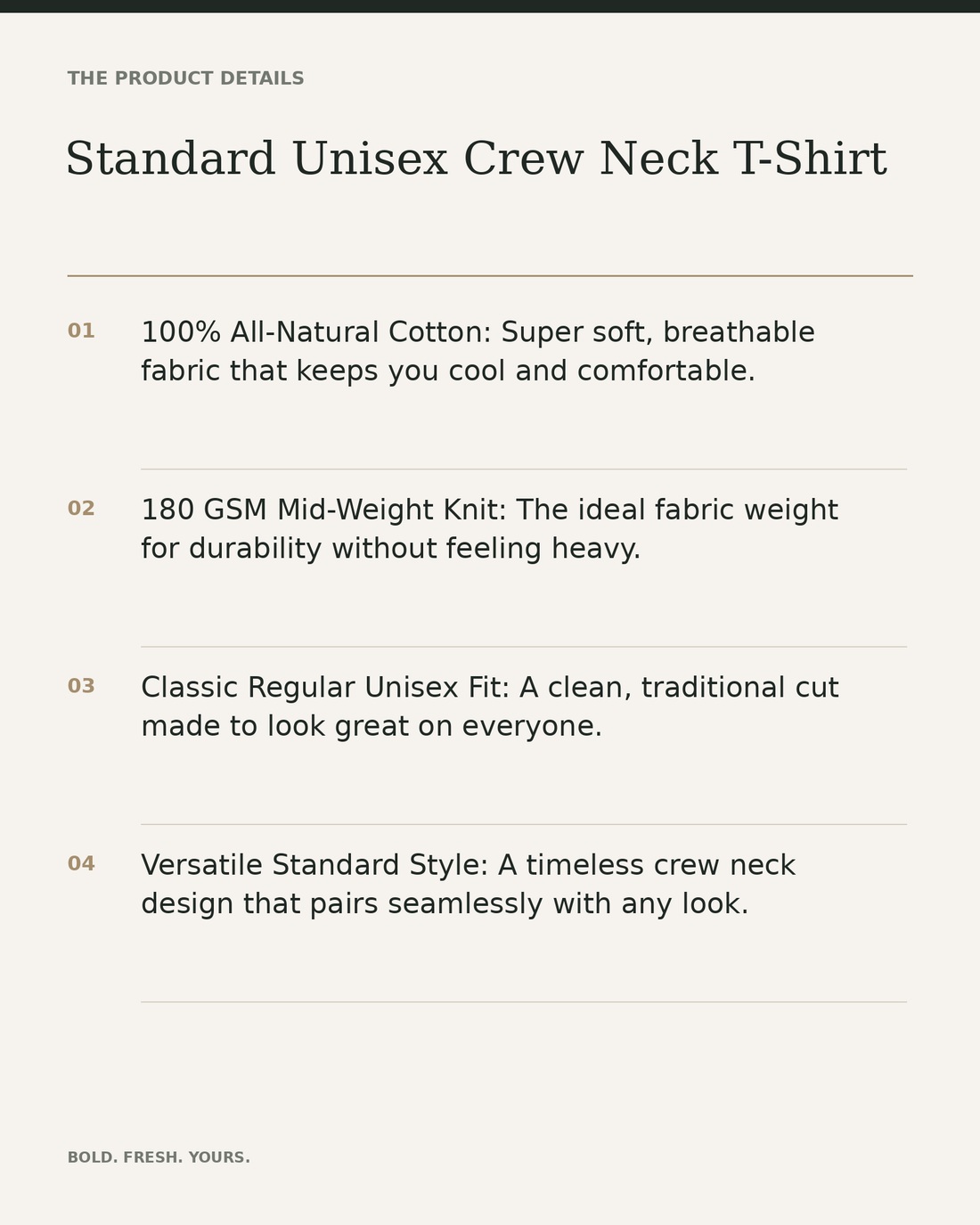 Standard Unisex Crew Neck T-Shirt – 100% Cotton 180 GSM Everyday Tee — product details, fabric, fit and care