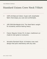 Standard Unisex Crew Neck T-Shirt – 100% Cotton 180 GSM Everyday Tee — product details, fabric, fit and care