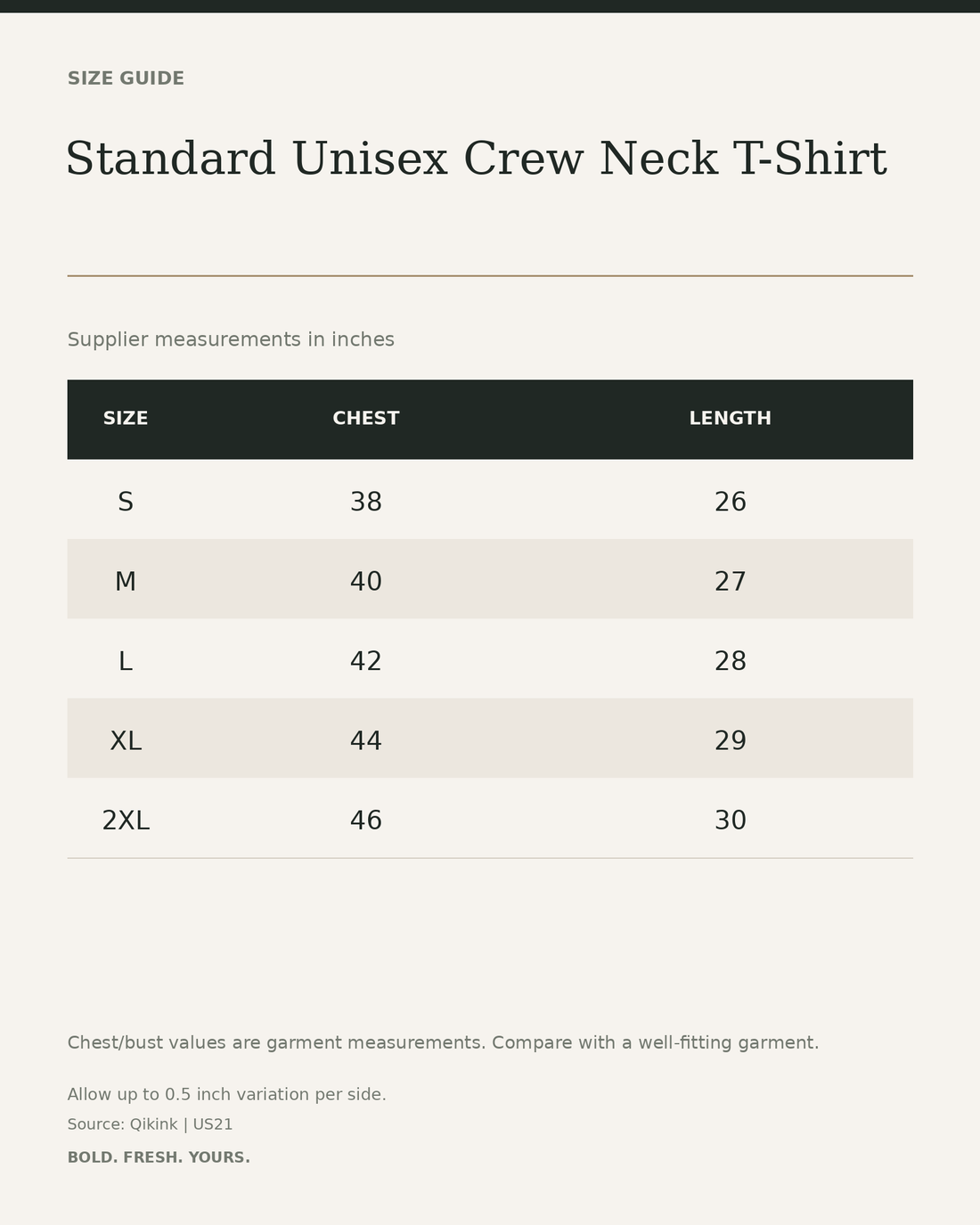 Standard Unisex Crew Neck T-Shirt – 100% Cotton 180 GSM Everyday Tee — size guide in inches from official Qikink garment chart