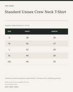 Standard Unisex Crew Neck T-Shirt – 100% Cotton 180 GSM Everyday Tee — size guide in inches from official Qikink garment chart